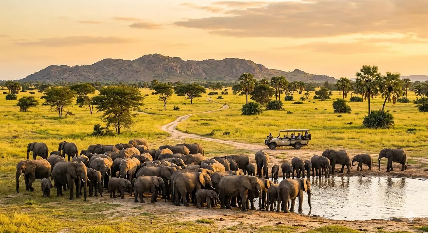 &Eacute;l&eacute;phants au point d'eau, parc de Zakouma